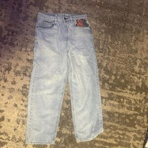 Men's Light Blue Straight Jeans with Embroidery